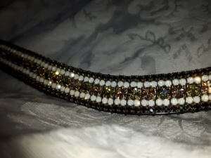 green and champagne crystal browband with preciosa khaki and light colorado crystals and white opal and jet edging