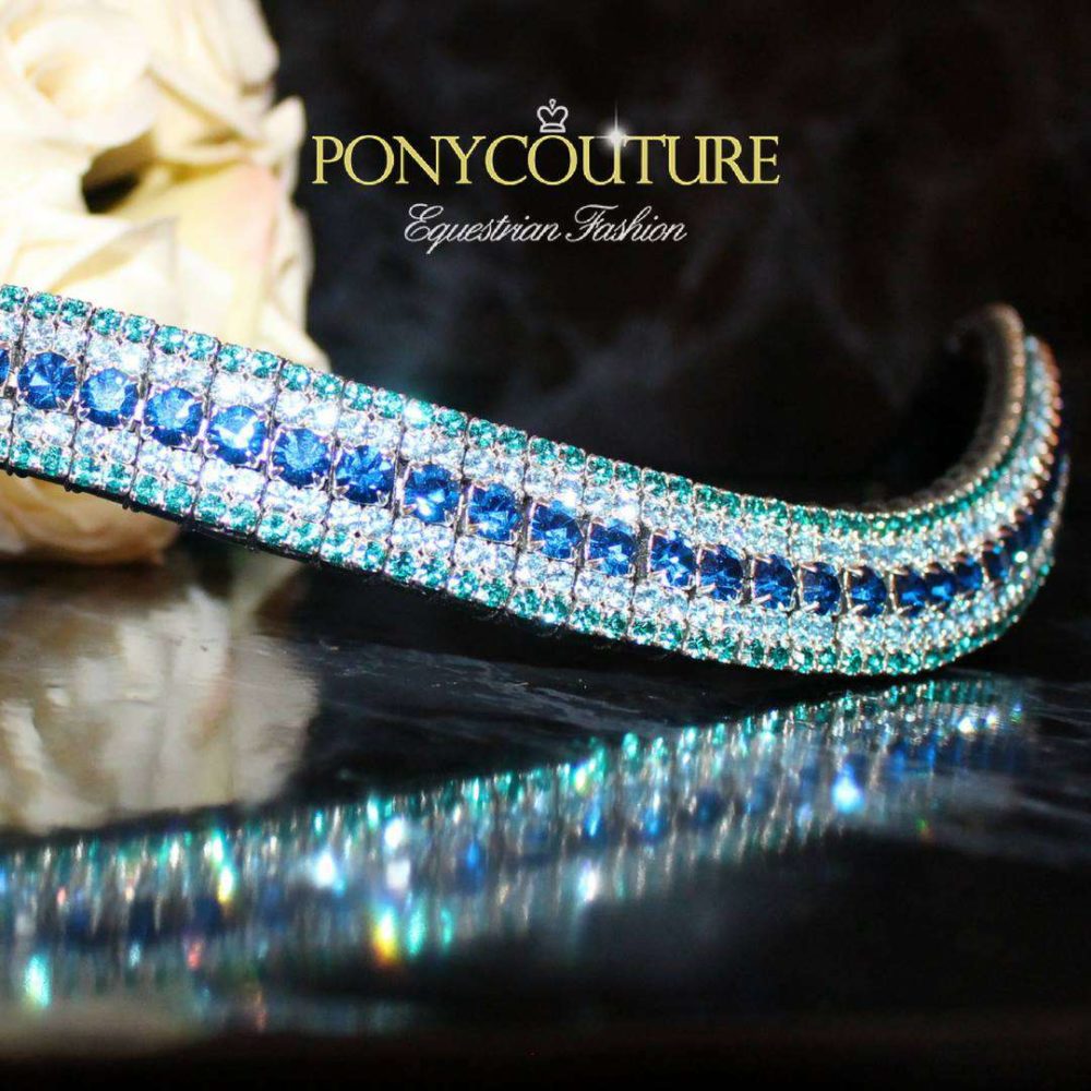 Mermaid Aqua Blue Browbands Wave Shape Bling Browbands - These beautiful blue browbands are aptly named the mermaid due to their ocean blue and turquoise shades. Handmade on wave shape bling browbands cut from Sedgwick English leather and featuring genuine Preciosa crystals this bling browband is sure to turn heads at your next dressage or showjumping event. Suited to almost all equestrian disciplines including dressur and even just happy hacking.