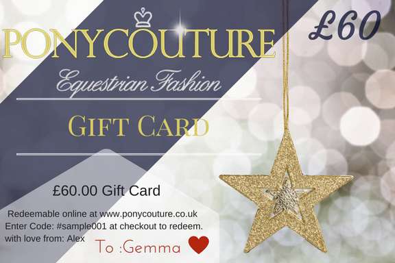 Christmas Gift Card from PonyCouture, to purchase crystal browbands and dressage bling, the perfect horsey gift