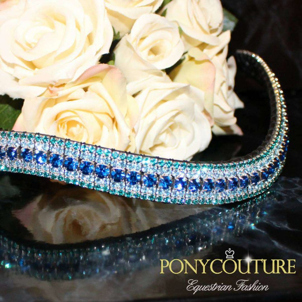 turquoise browbands and blue browbands on a black back ground on wave shape browbands sedgwick english leather and handmade bling browbands