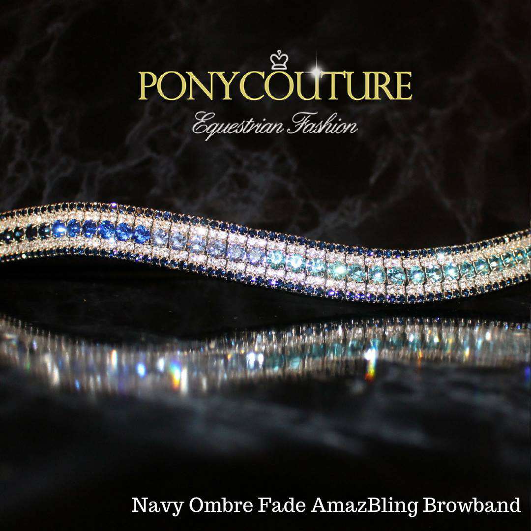 Navy Ombre browband on black back ground with blue shades ombre browband and blue ombre crystal browbands