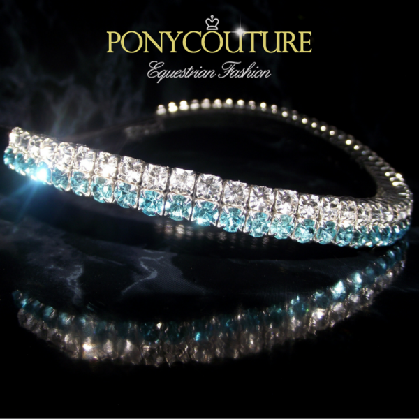Aquamarine and clear two row elegant browband on black back ground from ponycoutures pixie browband range of classy bling