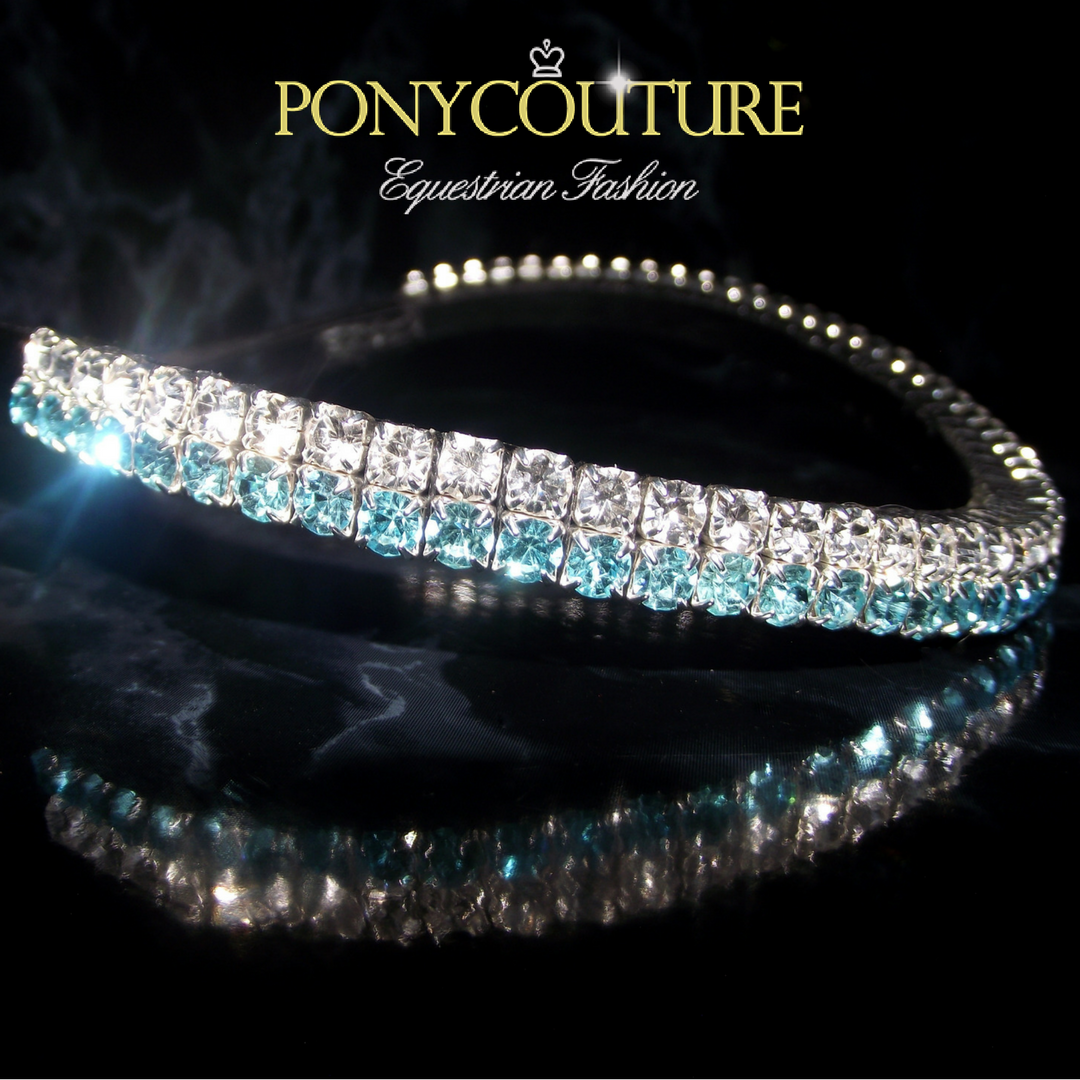 Elegant browband with aquamarine and clear crystals on a double row Pixie browband, handmade browband from PonyCouture on sedgwick English leather and featuring Preciosa crystals
