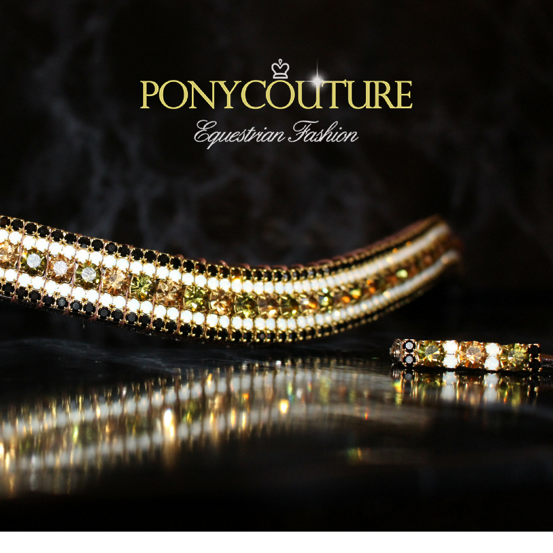Limited Edition Crystal Browbands in antique style brass settings with green and champagne colour crystals