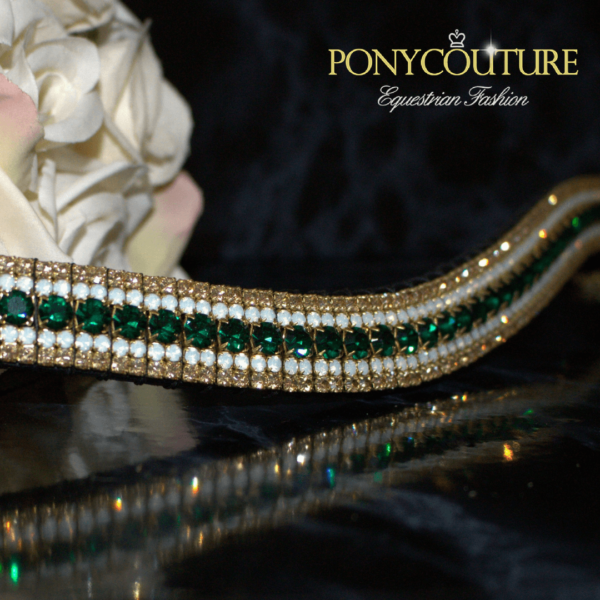 Classy antique look browbands from PonyCouture's amazBling range of five row crystal browbands that are handmade on Sedgwick leather with Preciosa crystals. This beautiful green and gold browband features Emerald, opals and golden honey Preciosa crystals.