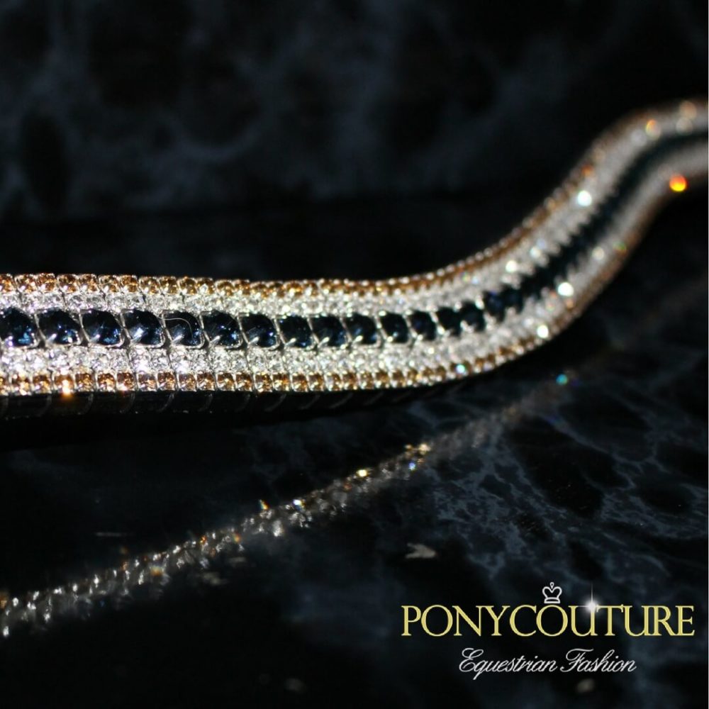 best quality bling browbands in navy and gold colours handmade by ponycouture and an English leather browbands