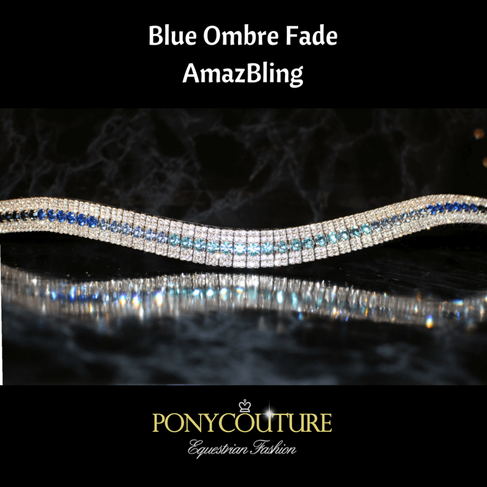 blue ombre fade amazbling browband on sedgwick english leather and with preciosa crystals on a black marble background with a blue ombre browband