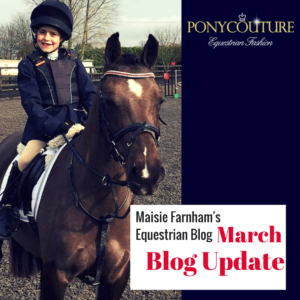 Maisie Farnham riding her black pony magic at a combined training dressage test and with a crystal browband for her equestrian blog