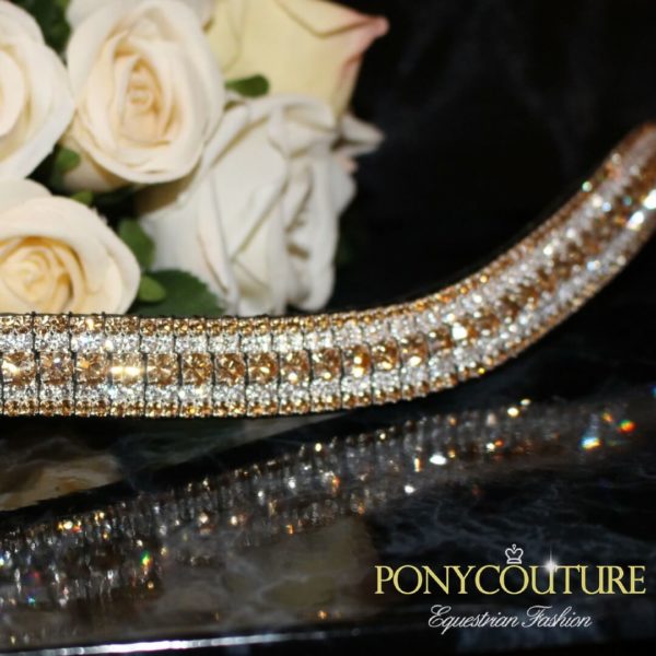 handmade dressage browbands on a black back ground with gold tone crystals
