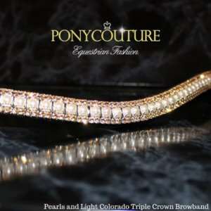 This beautiful three row, Triple Crown crystal browband is handmade on finest quality Sedgwick English leather with genuine Preciosa Pearls and light colorado crystals