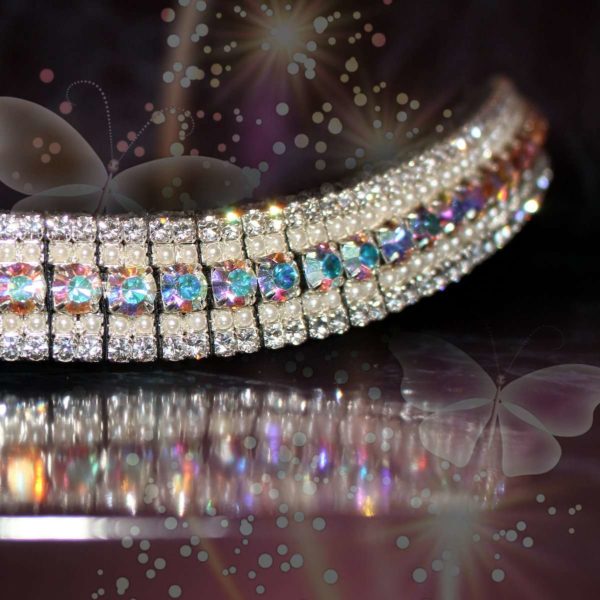 Iridescent and pearl pony size bling browband handmade on Sedgwick English leather and featuring Preciosa crystals and pearls from PonyCouture's amazBling range this stunning bling browband re-invents bling for ponies